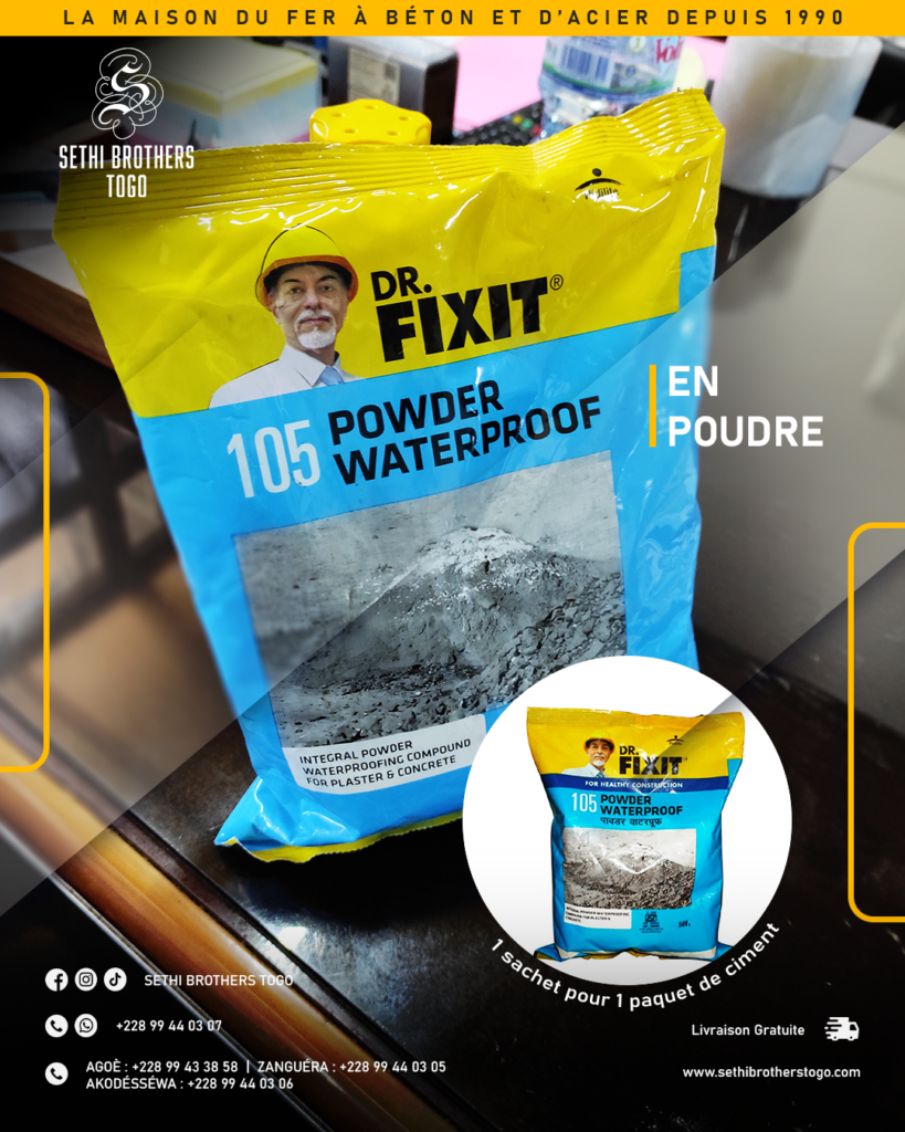 Dr. Fixit en poudre pour mélanger avec le ciment étanchéité maison et bâtiments à Lomé Togo Ouest Afrique